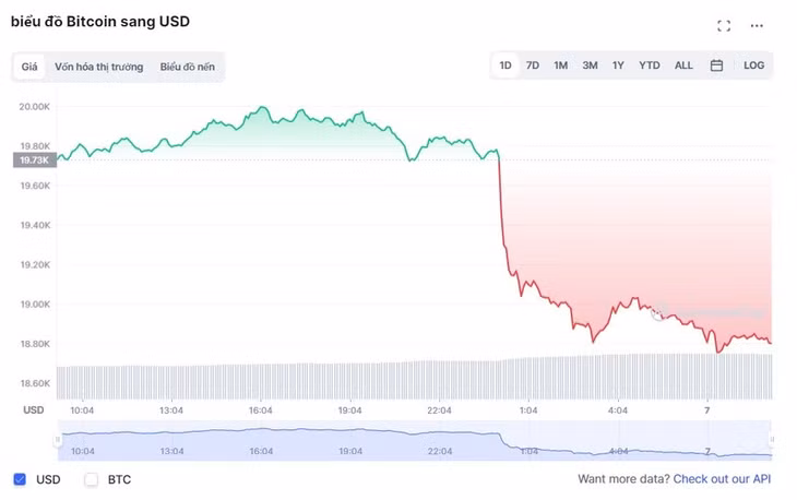 Giá Bitcoin lao dốc thẳng đứng từ rạng sáng 7/9. Ảnh: CoinMarketCap.
