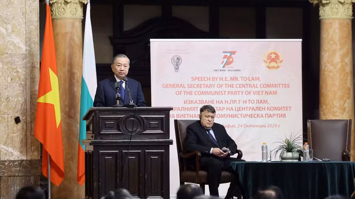 Tổng Bí thư Tô Lâm phát biểu chính sách tại Đại học Sofia. (Ảnh: Thống Nhất/TTXVN)