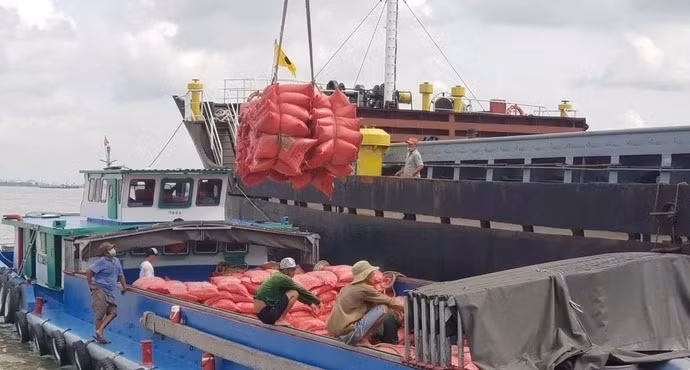 Gạo Việt lên tàu xuất khẩu tại cảng Mỹ Thới, Long Xuyên, tỉnh An Giang - Ảnh: BỬU ĐẤU