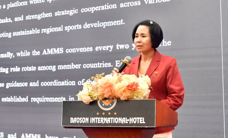 Bà Lê Thị Hoàng Yến - Phó Cục trưởng Cục Thể dục thể thao Việt Nam phát biểu tại buổi gặp mặt báo chí thông tin về Hội nghị bộ trưởng ASEAN về thể thao. Ảnh: Bùi Lượng