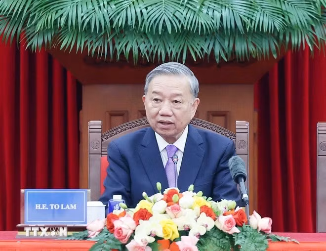Tổng Bí thư Tô Lâm phát biểu tại buổi tiếp Trưởng đoàn các nước tham dự Lễ mở ký Công ước Hà Nội. (Ảnh: TTXVN)