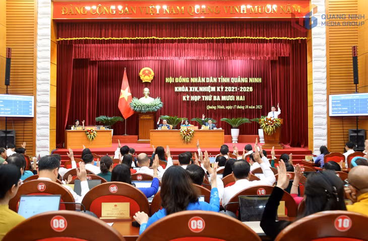 Chủ tọa kỳ họp và các đại biểu HĐND tỉnh biểu quyết thông qua các Nghị quyết tại kỳ họp.