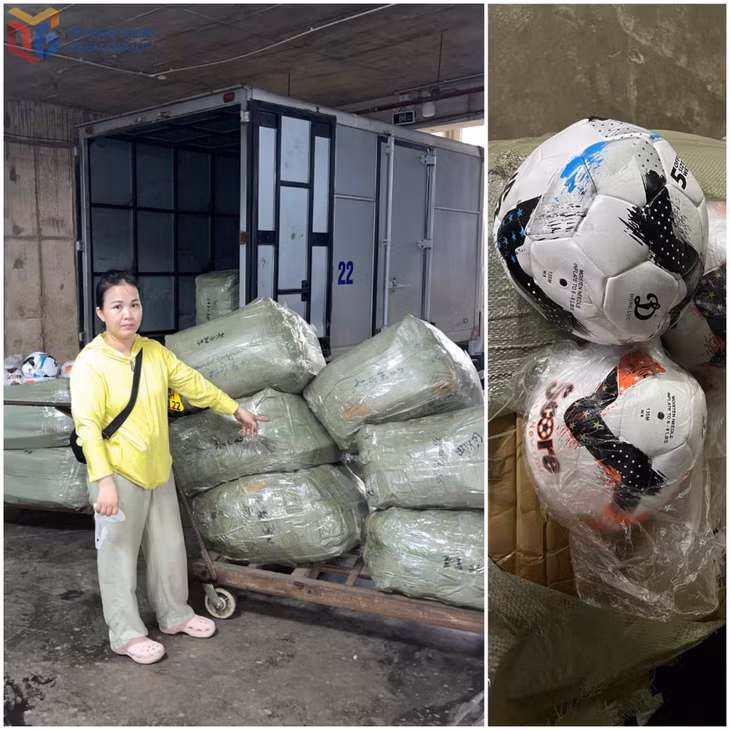 Các sản phẩm bóng đá làm giả nhãn hiệu “Động Lực”, “Thăng Long” được các đối tượng cất trong kho.