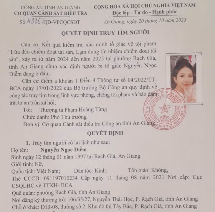 Quyết định truy tìm đối tượng Nguyễn Ngọc Diễm để phục vụ công tác điều tra vụ “Lừa đảo chiếm đoạt tài sản, Lạm dụng tín nhiệm chiếm đoạt tài sản”. Ảnh: Vũ Tiến
