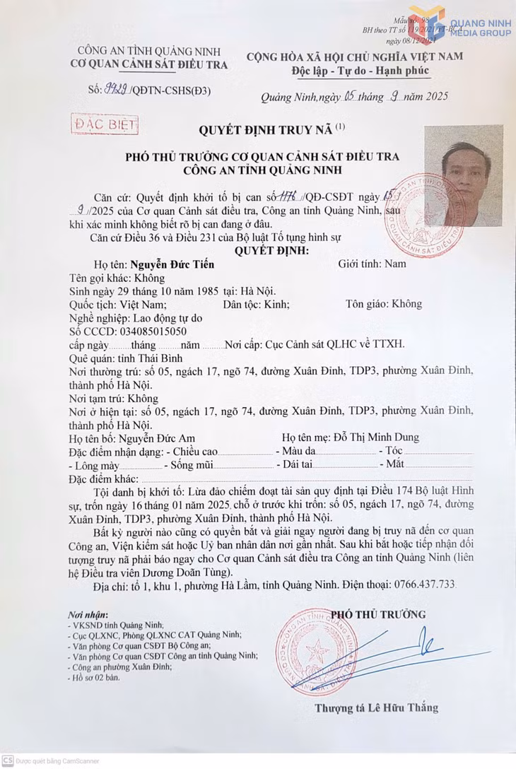 Quyết định truy nã đối với Nguyễn Đức Tiến.