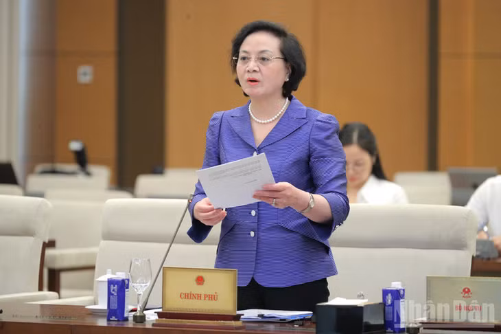 Bộ trưởng Nội vụ Phạm Thị Thanh Trà trình bày tóm tắt hai Tờ trình của Chính phủ về hai dự thảo Nghị quyết. (Ảnh: DUY LINH)