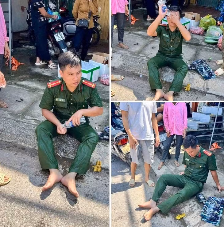 Còn Thượng úy Lê Bá Long cùng đồng đội liên tục bơi, lội vào các khu ngập sâu, vận chuyển hàng tiếp tế cho bà con - Ảnh: Công an tỉnh Bắc Ninh