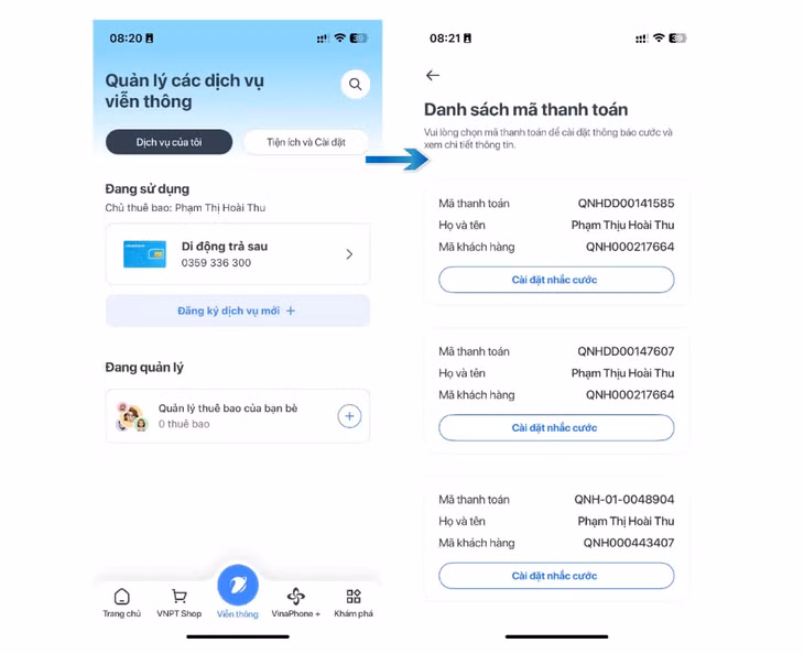 Hình ảnh tra cứu chi tiết và cài đặt nhắc cước trên app MyVNPT