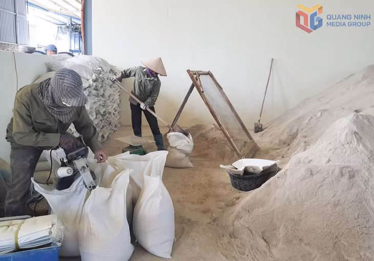 Sản phẩm tinh bột vỏ hàu của HTX phát triển hàu sữa Quảng Ninh được đóng bao chuẩn bị xuất bán cho khách hàng.