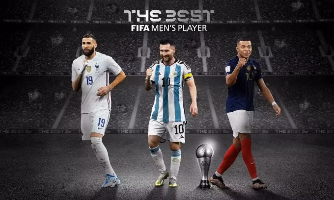 Từ trái sang: Karim Benzema, Lionel Messi và Kylian Mbappe tranh giải The Best 2022. Ảnh: FIFA