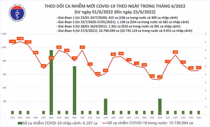 Biểu đồ số ca mắc COVID-19 tại Việt Nam đến chiều ngày 25/6