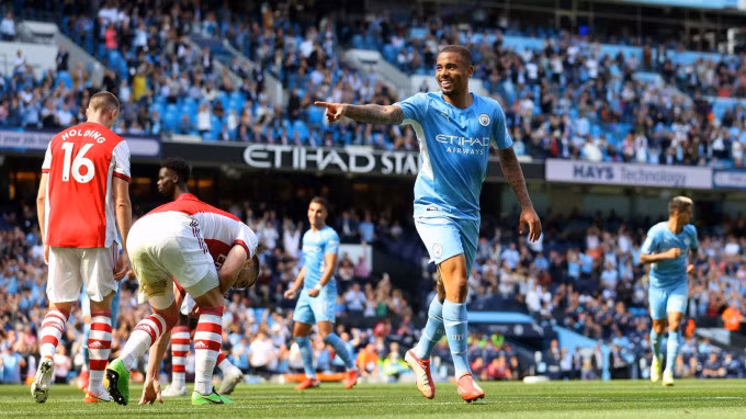 Jesus mừng bàn nâng tỷ số lên 3-0 trong trận cùng Man City hạ Arsenal 5-0 ở vòng 3 Ngoại hạng Anh mùa trước ngày 29/8/2021. Ảnh: mancity.com