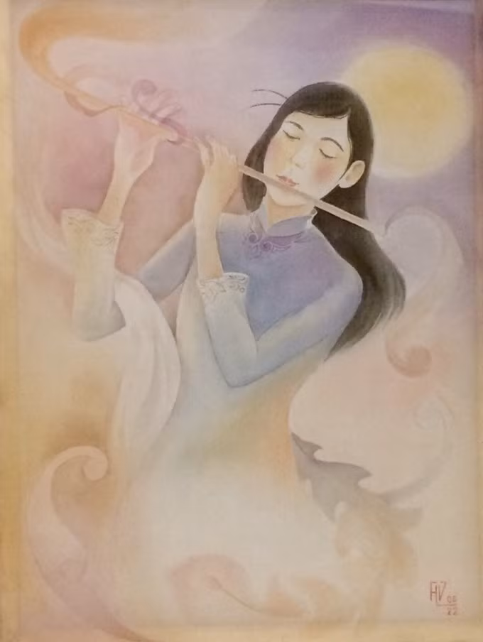 Bức "Cung nữ cùng tiếng sáo" . Họa sĩ nói: "Chất liệu lụa và màu nước khiến hình ảnh thiếu nữ trở nên trong trẻo, mềm mại. Khi ngắm tranh, tôi muốn trong đầu quan khách vang lên tiếng sáo réo rắt, sâu lắng trong một đêm trăng thơ mộng".Tạ Hùng Việt sinh năm 1975, tốt nghiệp Đại học Mỹ thuật Công nghiệp. Họa sĩ từng góp mặt trong nhiều triển lãm do Trung tâm UNESCO Mỹ Thuật Hà Nội tổ chức.