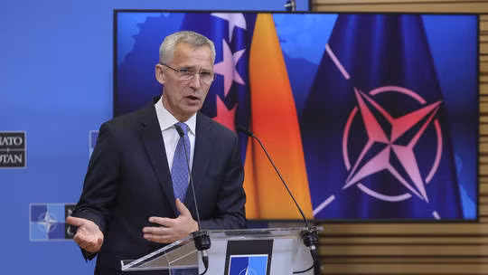 Ông Jens Stoltenberg phát biểu trong một cuộc họp tại trụ sở của NATO ở Brussels, Bỉ, hôm 25/5. Ảnh: AP