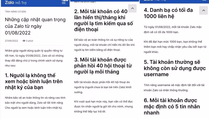 Thông báo mới từ bộ phận hỗ trợ của Zalo. Ảnh chụp màn hình