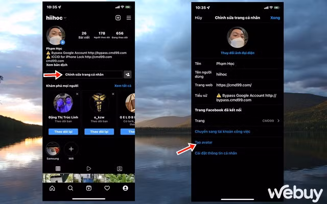 Đầu tiên, bạn hãy tiến hành cập nhật ứng dụng Instagram của mình đang có lên phiên bản mới nhất từ App Store. Sau đó truy cập vào trang tài khoản và nhấn vào "Chỉnh sửa trang cá nhân", rồi tiếp tục nhấn vào "Tạo avatar".