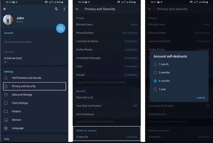 Người dùng nhấn vào nút menu 3 chấm ở góc trên cùng bên trái và chọn Settings. Tiếp theo, hãy chọn "Privacy &amp; Security" và cuộn xuống đến phần "Delete my account", chọn mục "If away for" để chọn khoảng thời gian mới (nguồn ảnh: fptshop.com.vn).