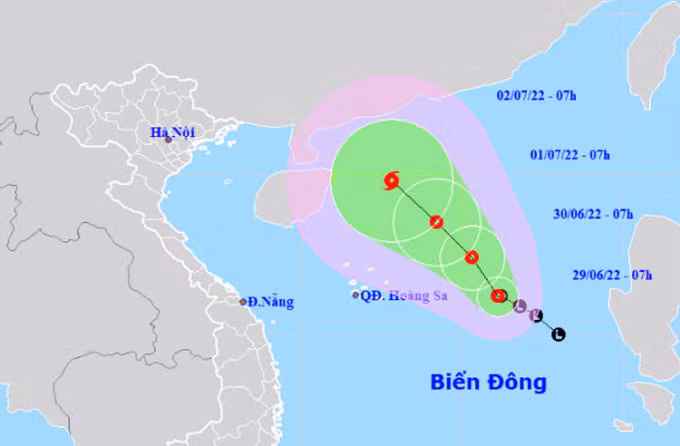 Dự báo đường đi và khu vực ảnh hưởng của áp thấp nhiệt đới lúc 7h sáng 29/6. Ảnh: NCHMF