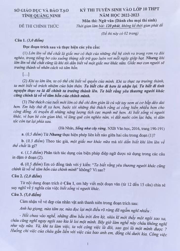 Đề thi môn Ngữ văn.