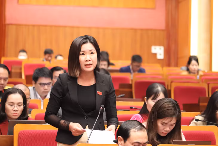 Đại biểu La Thị Thủy, Tổ Đại biểu Tiên Yên, Bình Liêu, Ba Chẽ, đóng góp ý kiến trong phiên thảo luận tại hội trường.