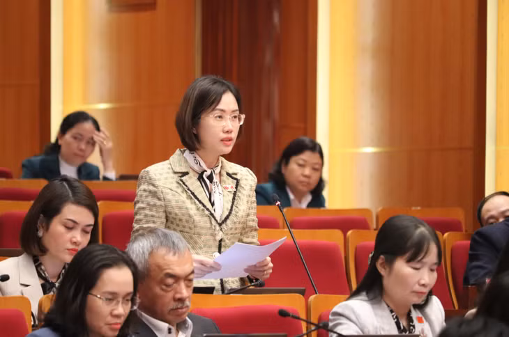 Đại biểu Trần Thị Thùy Liên, Tổ đại biểu TP Hạ Long đặt vấn đề quan tâm đến tác động của việc sử dụng đất đá thải mỏ làm vật liệu san lấp tới môi trường tự nhiên.