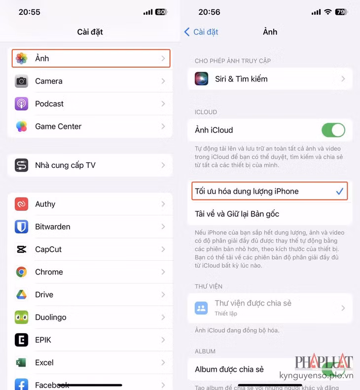 Cách tối ưu hóa dung lượng hình ảnh và video trên iPhone. Ảnh: MINH HOÀNG