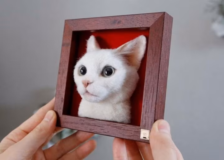 Nghệ sĩ Sachi người Nhật Bản khoe tác phẩm 3D siêu thực, chân dung 1 con mèo được làm bằng len nỉ với khung bằng gỗ.