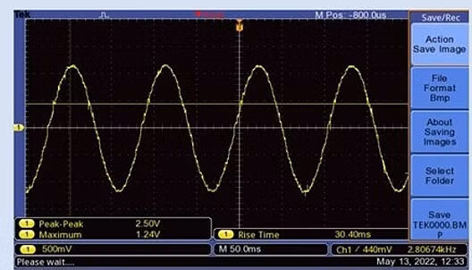 Đồ thị hình sin đo dao động bàn tay khi thiết bị hỗ trợ hoạt không hoạt động. Ảnh: NVCC
