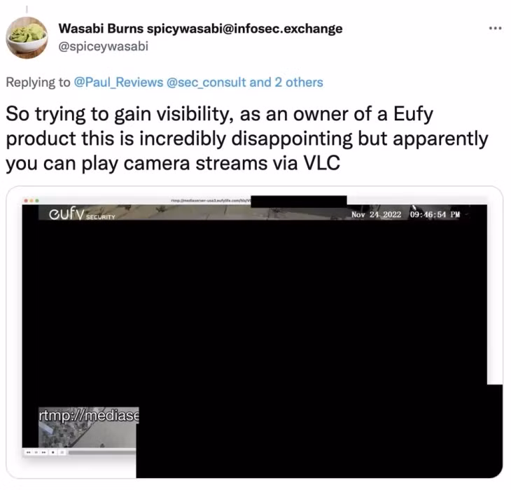 Kỹ sư Wasabi đăng tải tweet stream video từ camera Eufy