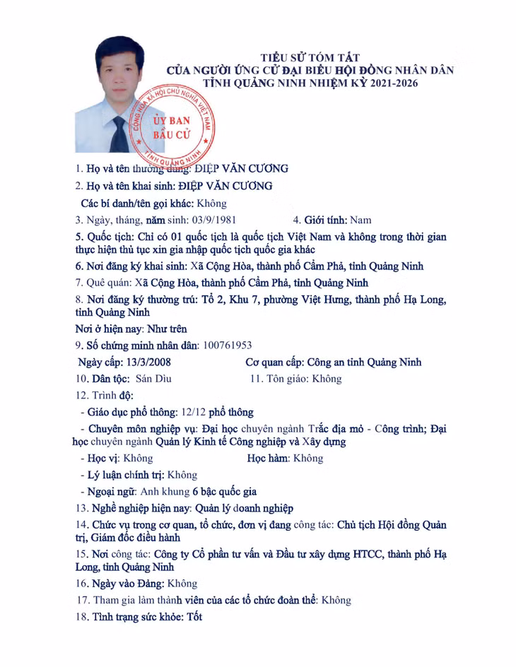 Tiểu sử tóm tắt của người ứng cử đại biểu HĐND tỉnh Quảng Ninh nhiệm kỳ 2021 - 2026 (Đơn vị bầu cử số 4) ảnh 1