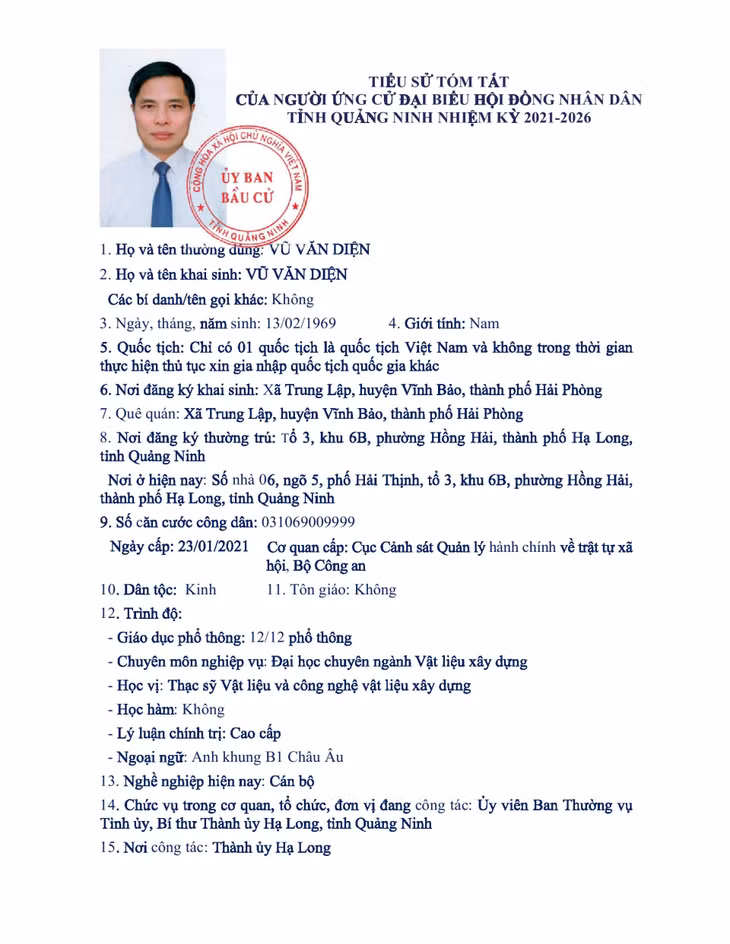 Tiểu sử tóm tắt của người ứng cử đại biểu HĐND tỉnh Quảng Ninh nhiệm kỳ 2021 - 2026 (Đơn vị bầu cử số 3) ảnh 1