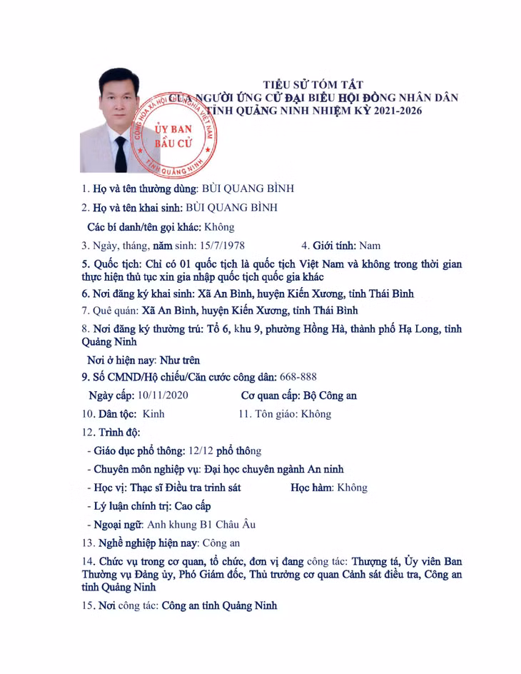 Tiểu sử tóm tắt của người ứng cử đại biểu HĐND tỉnh Quảng Ninh nhiệm kỳ 2021 - 2026 (Đơn vị bầu cử số 10) ảnh 1