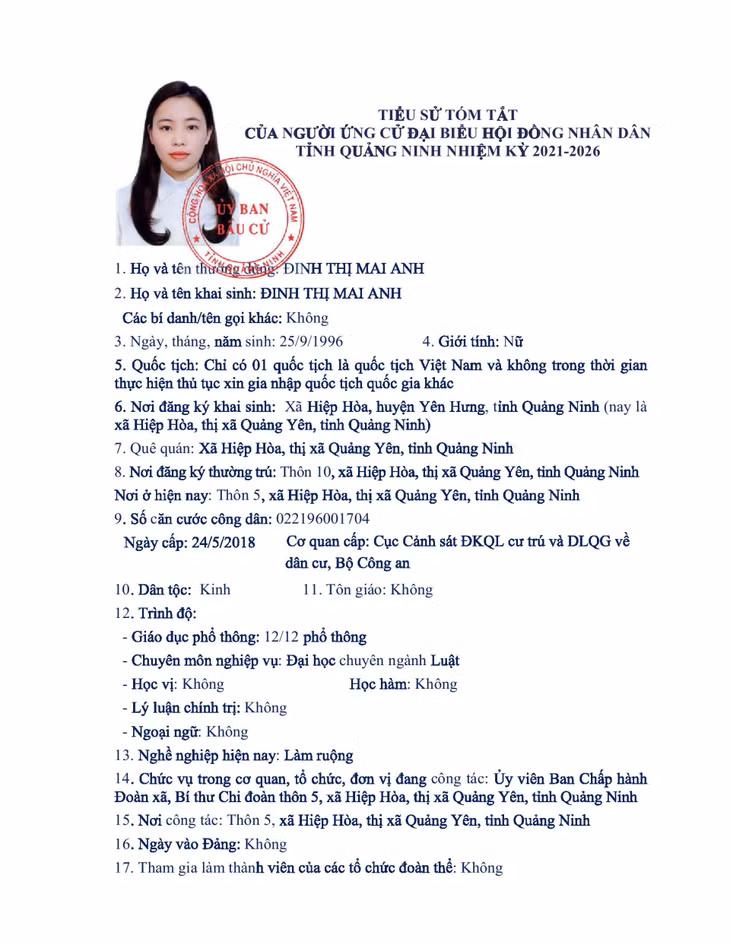 Tiểu sử tóm tắt của người ứng cử đại biểu HĐND tỉnh Quảng Ninh nhiệm kỳ 2021 - 2026 (Đơn vị bầu cử số 13) ảnh 1
