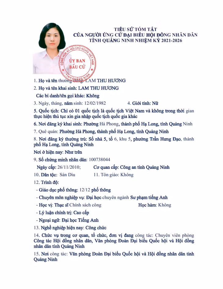 Tiểu sử tóm tắt của người ứng cử đại biểu HĐND tỉnh Quảng Ninh nhiệm kỳ 2021 - 2026 (Đơn vị bầu cử số 11) ảnh 1