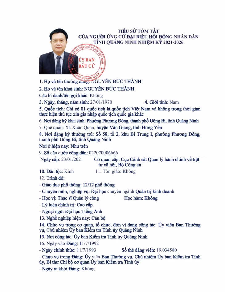 Tiểu sử tóm tắt của người ứng cử đại biểu HĐND tỉnh Quảng Ninh nhiệm kỳ 2021 - 2026 (Đơn vị bầu cử số 8) ảnh 15