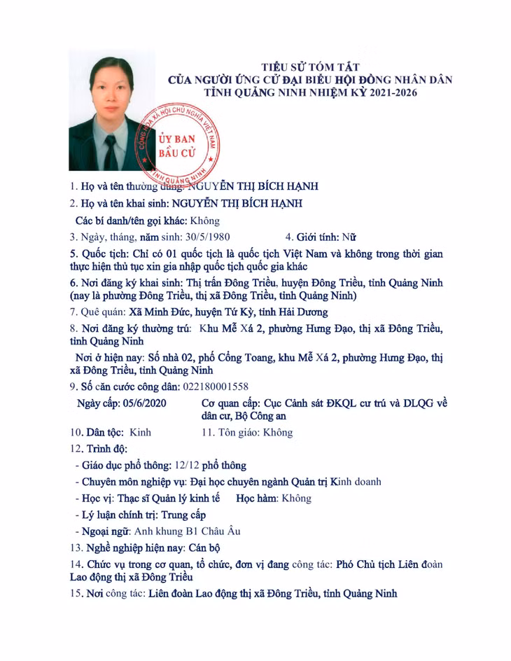 Tiểu sử tóm tắt của người ứng cử đại biểu HĐND tỉnh Quảng Ninh nhiệm kỳ 2021 - 2026 (Đơn vị bầu cử số 12) ảnh 1