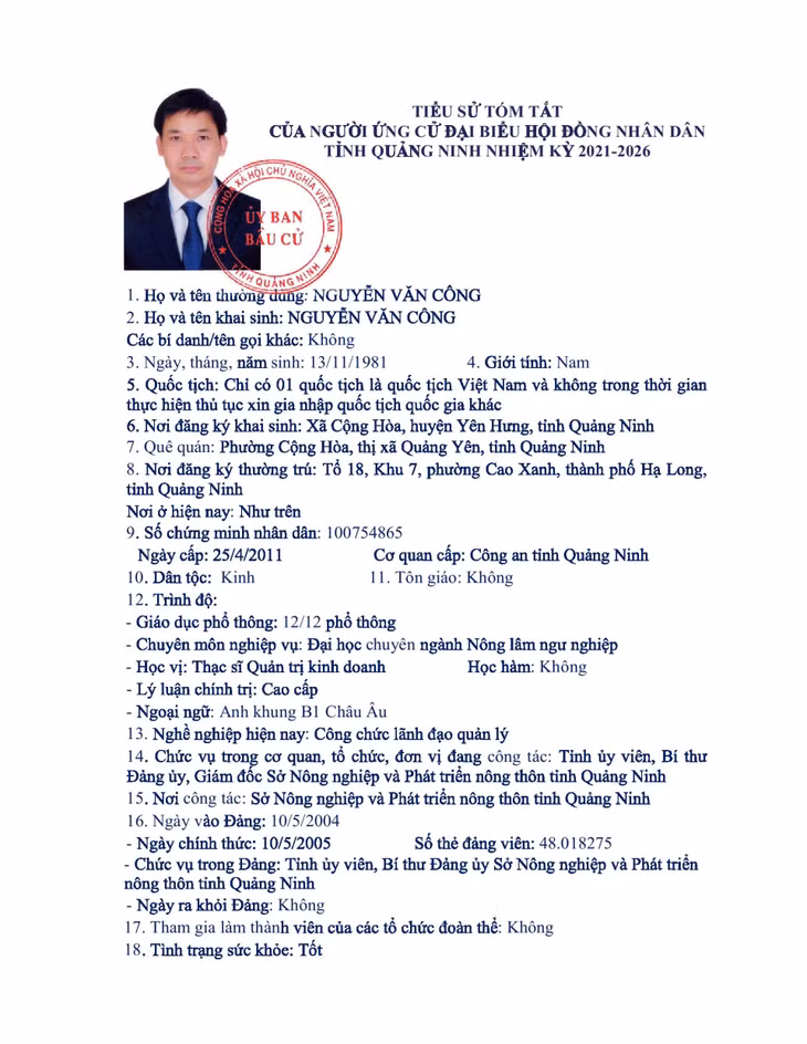 Tiểu sử tóm tắt của người ứng cử đại biểu HĐND tỉnh Quảng Ninh nhiệm kỳ 2021 - 2026 (Đơn vị bầu cử số 14) ảnh 1