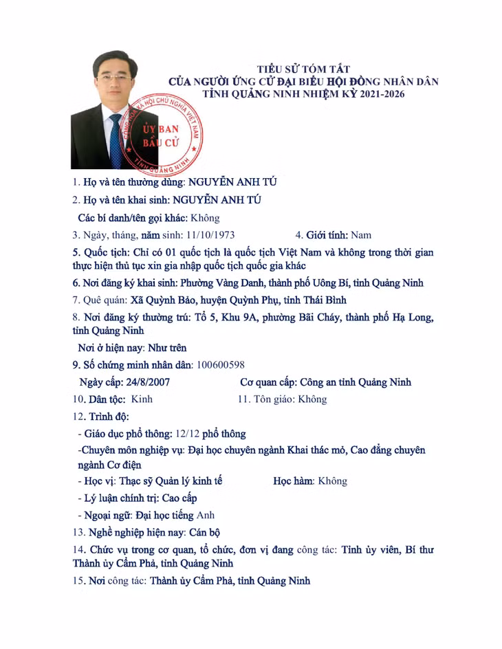 Tiểu sử tóm tắt của người ứng cử đại biểu HĐND tỉnh Quảng Ninh nhiệm kỳ 2021 - 2026 (Đơn vị bầu cử số 7) ảnh 14