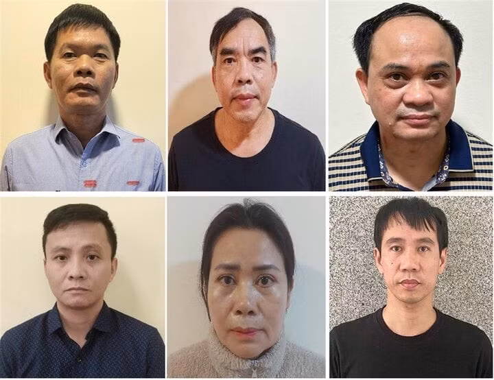 Các bị can bị khởi tố: Nguyễn Văn Khước, Chu Quốc Hải, Hoàng Văn Nhiệm, Cao Đại Nghĩa, Đinh Thị Thu Hương, Nguyễn Ngọc Huy (theo thứ tự từ trái sang phải). (Ảnh: Bộ Công an)