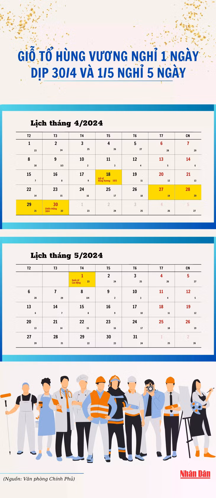 Lịch nghỉ lễ Giỗ Tổ Hùng Vương, dịp 30/4 và 1/5 ảnh 1