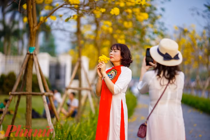 Chị Vân Anh (Cầu Giấy, Hà Nội) chia sẻ: "Tháng Hai, tôi có đến đây một lần, nhưng hoa lúc đó còn chưa có, hỏi một bạn bảo vệ ở đây thì bạn nói hết mùa rồi. Những ngày vừa rồi, tôi đi trên đường phố Hà Nội thấy có nhiều nơi hoa phong linh nở nên tìm lại con đường này, tình cờ có cả hoa gạo và phong linh cùng nở rộ rất đẹp".
