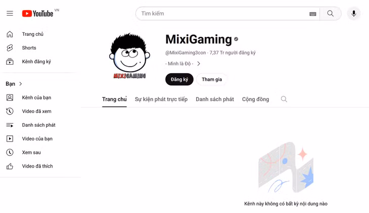 Kênh Youtube của Độ Mixi đổi tên như cũ, nhưng nội dung vẫn chưa xuất hiện trở lại (Ảnh chụp màn hình).