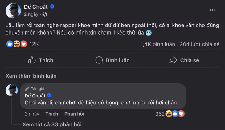 Bài đăng của Dế Choắt khiến cộng đồng rap dậy sóng.