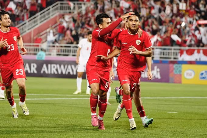 Cầu thủ Indonesia mừng trong trận thắng Jordan 4-1 ở lượt cuối bảng A U23 châu Á 2024. Ảnh: PSSI
