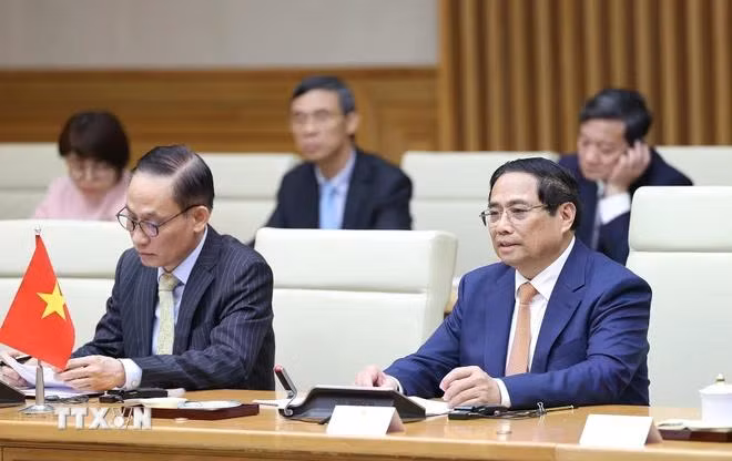 Thủ tướng Phạm Minh Chính phát biểu tại cuộc làm việc với Thủ tướng Lào Sonexay Siphandone. (Ảnh: Dương Giang/TTXVN)