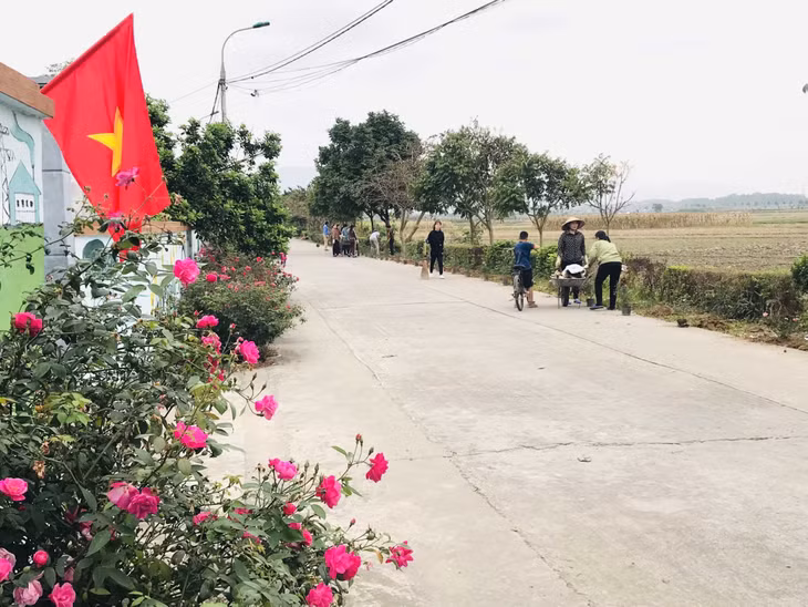 Người dân chỉnh trang, dọn vệ sinh tuyến đường hoa thôn Phúc Đa (xã Tân Việt, TX Đông Triều).