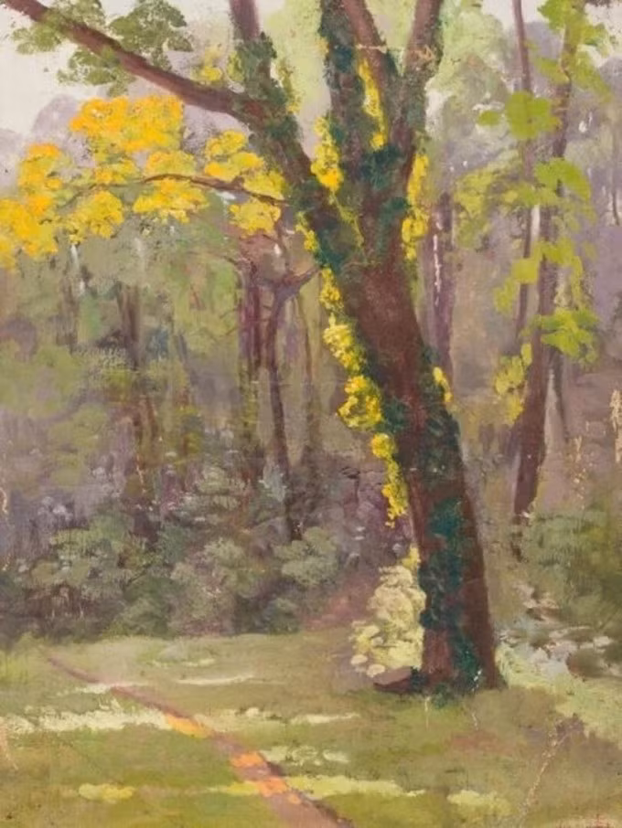 Nhà đấu giá ước tính tác phẩm ''At the edge of the wood'' (Bên bìa rừng), kích thước 39x29 cm, đạt 1.500-3.000 euro (khoảng 40-81 triệu đồng). Tranh có chữ ký của vua và đề năm sáng tác là 1910 ở góc dưới bên phải.
