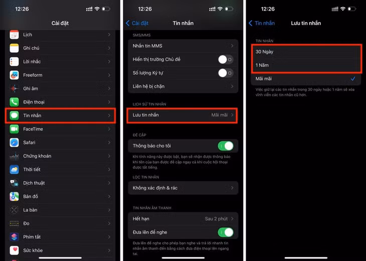 Thao tác bật tính năng tự động xóa tin nhắn cũ trong iMessage.