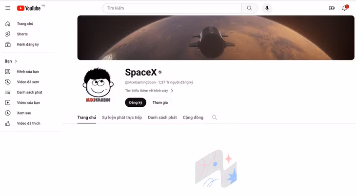 Kênh Youtube của Độ Mixi chuyển thành SpaceX, toàn bộ video đã bị xóa khỏi kênh (Ảnh chụp màn hình).