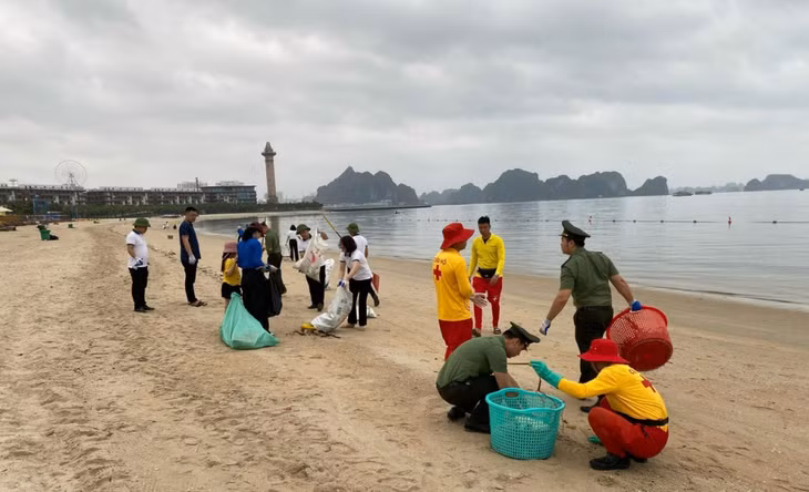 Các đoàn viên Sở Du lịch, Phòng An ninh đối ngoại và CBNV một số cơ sở lưu trú tại khu vực Bãi Cháy tham gia dọn sạch bãi biển, khu vực sân khấu Carnaval Hạ Long 2024.